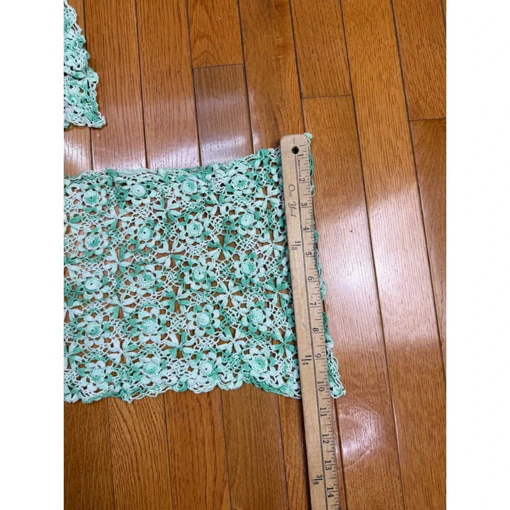 Vintage Handmade Crochet Lace Panels Green White Floral Rosette Set‎ of 6